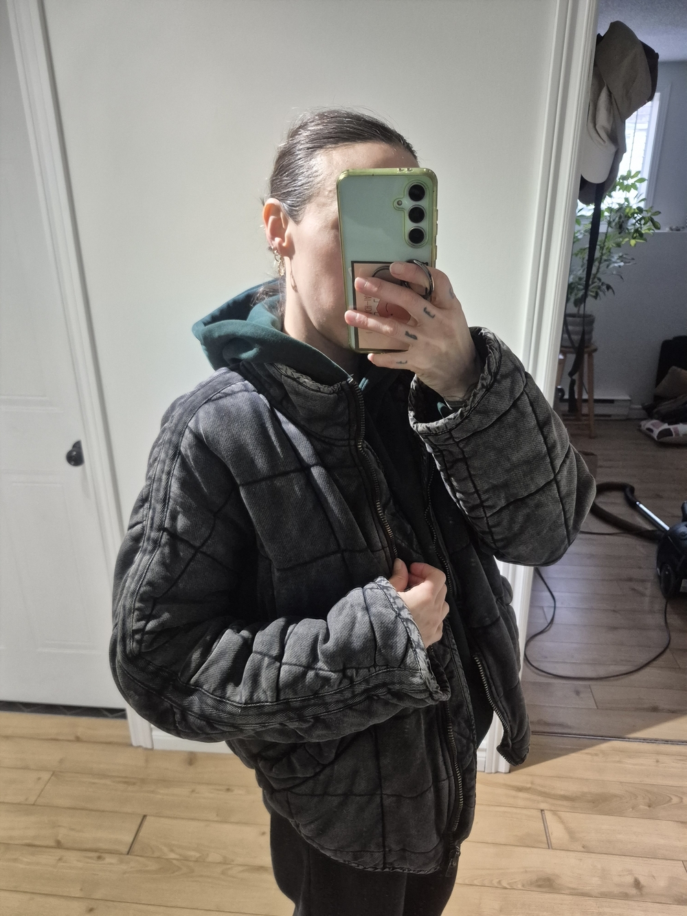 Quilted Black Bomber Jacket with Dark Green Hood - Picture 4 of 4
